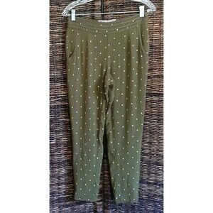 Anthropologie Elevenses Embroidered Womens Pants 2 Green Metallic Cropped Lined